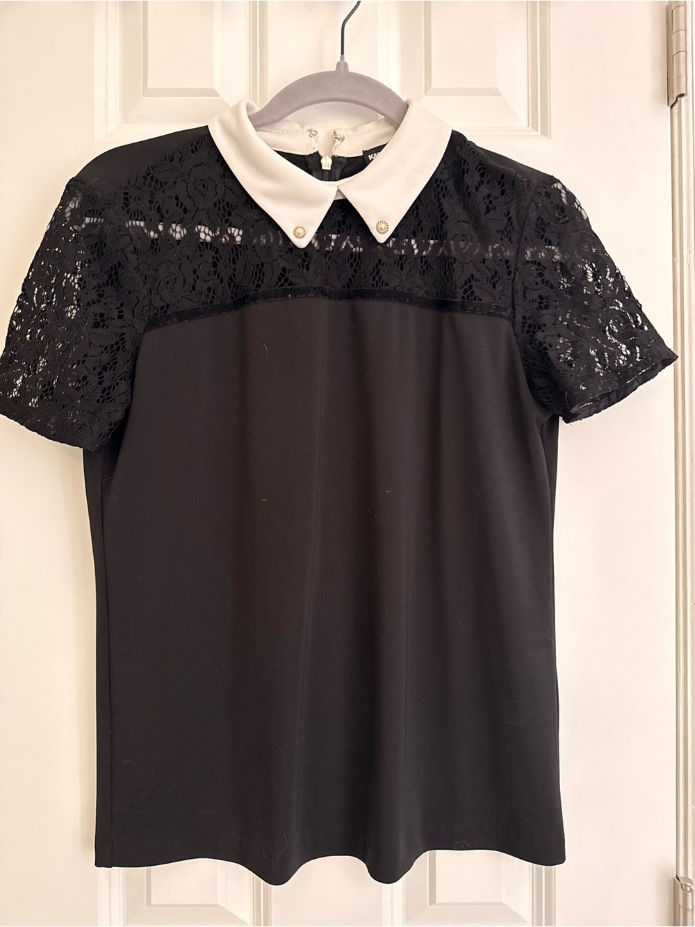 Karl Lagerfeld Black Lace Yoke Short-Sleeve Top with White Collar
